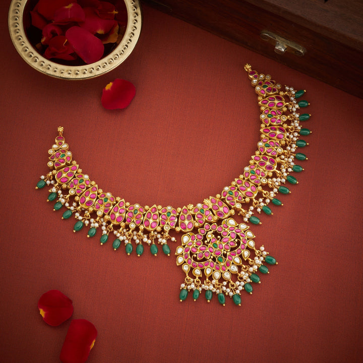 92.5 Silver, Gold Plated Rajmor Kundan Necklace | SHOBITAM