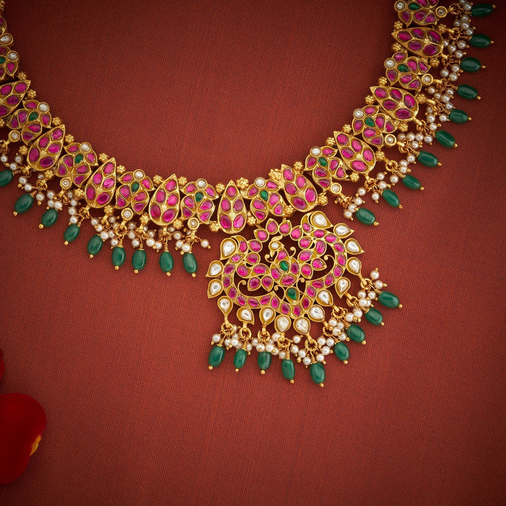 92.5 Silver, Gold Plated Rajmor Kundan Necklace | SHOBITAM