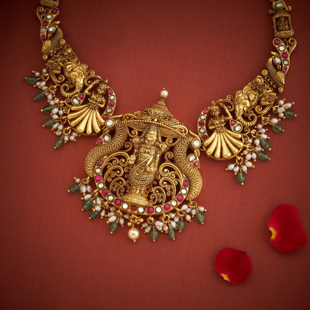 Pure 92.5 Silver, Gold Plated Srinivasa Temple Necklace | SHOBITAM