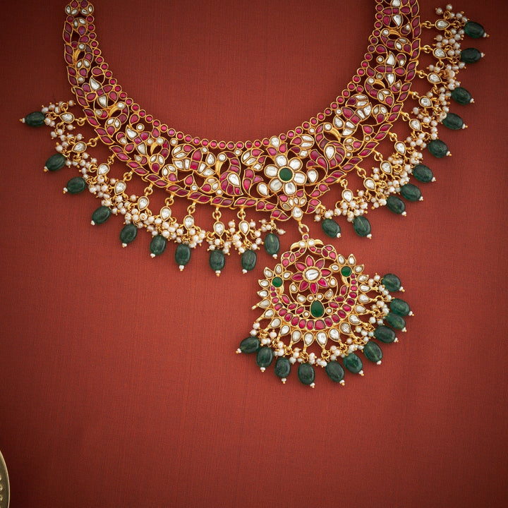 Pure 92.5 Silver, Gold Plated Hamsa-Phool Kundan Necklace | SHOBITAM