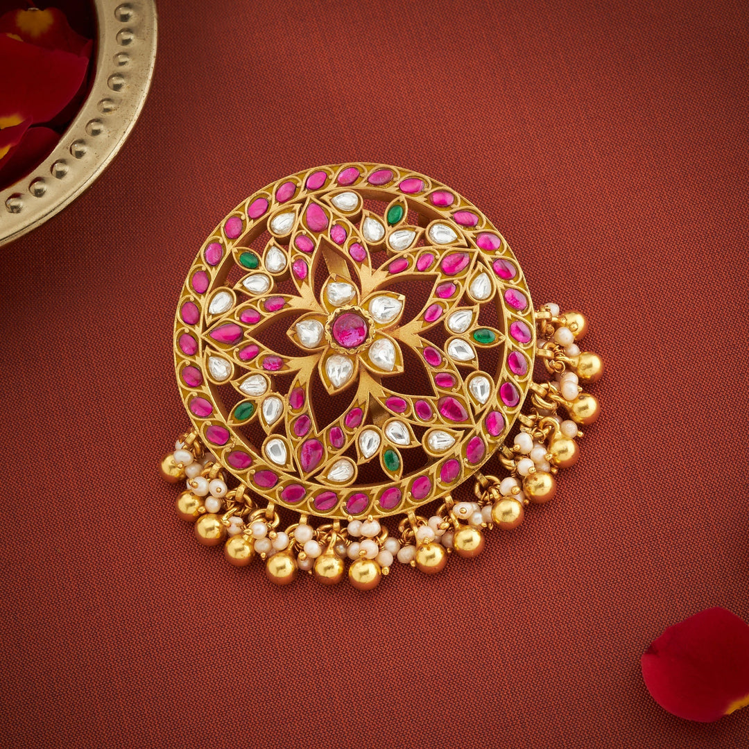 Pure 92.5 Silver, Gold Plated Pushpari Kundan Pendant | SHOBITAM