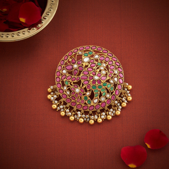 92.5 Silver, 24kt Gold Polish Chandrika-Mor Kundan Pendant | SHOBITAM