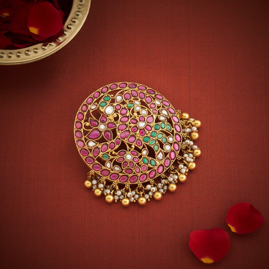 92.5 Silver, 24kt Gold Polish Chandrika-Mor Kundan Pendant | SHOBITAM