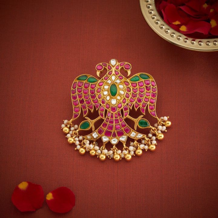 Pure 92.5 Silver, Gold Plated Gandaberu Kundan Pendant | SHOBITAM