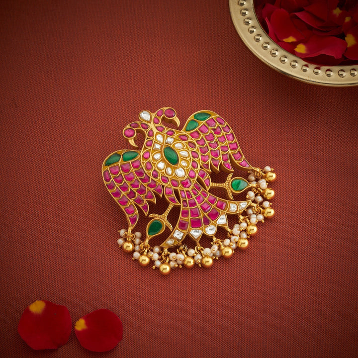 Pure 92.5 Silver, Gold Plated Gandaberu Kundan Pendant | SHOBITAM
