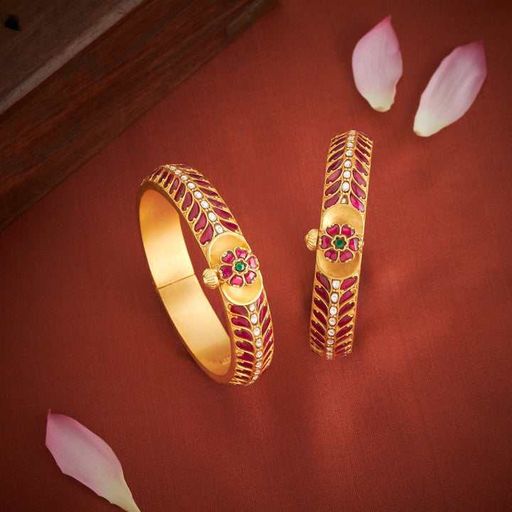Pure 92.5 Silver, Gold Plated Pushpitha Kundan Bangles | SHOBITAM
