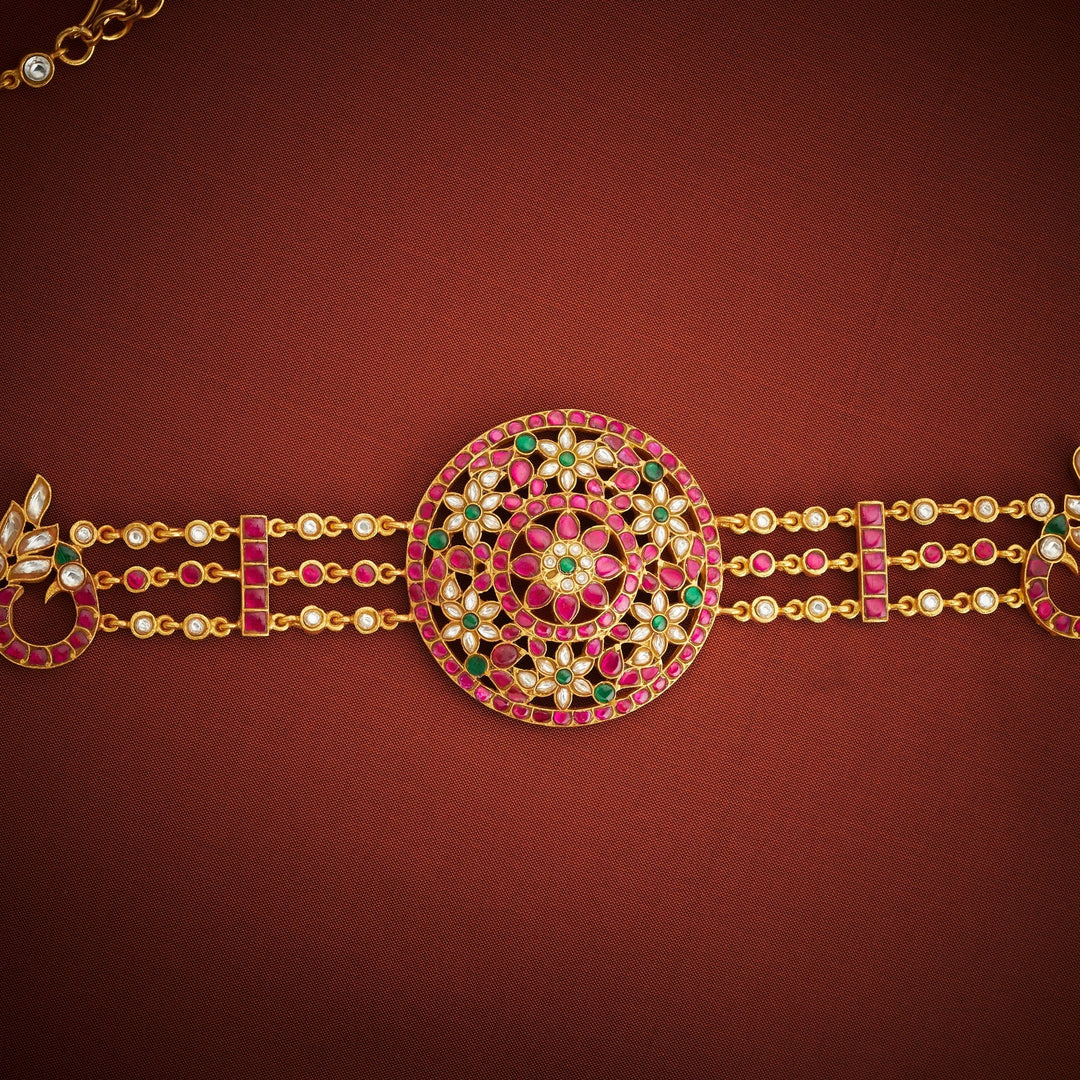 92.5 Silver, 24kt Gold Polish Mayur Vilasini Kundan Oddiyanam | SHOBITAM
