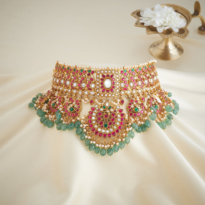 Pure 92.5 Silver, Gold Plated Hamsa Kundan Choker | SHOBITAM