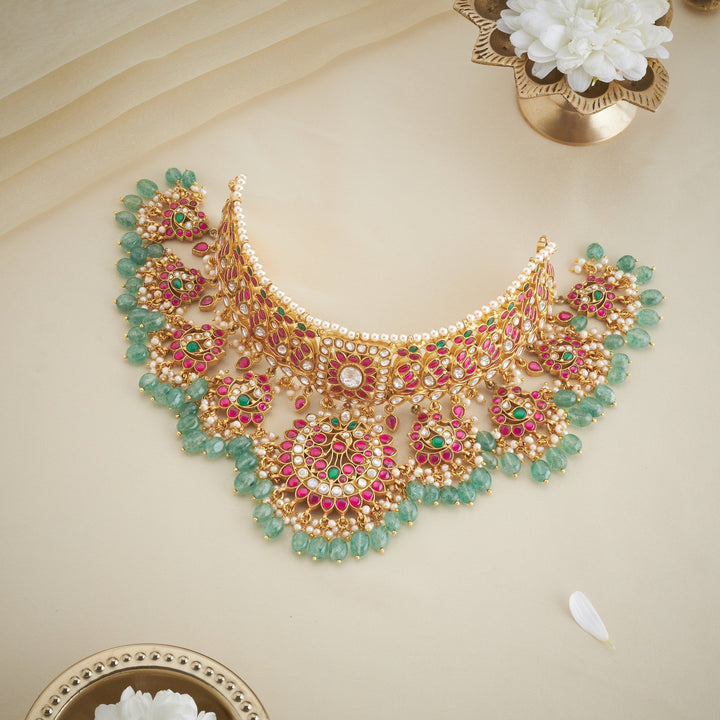 Pure 92.5 Silver, Gold Plated Hamsa Kundan Choker | SHOBITAM