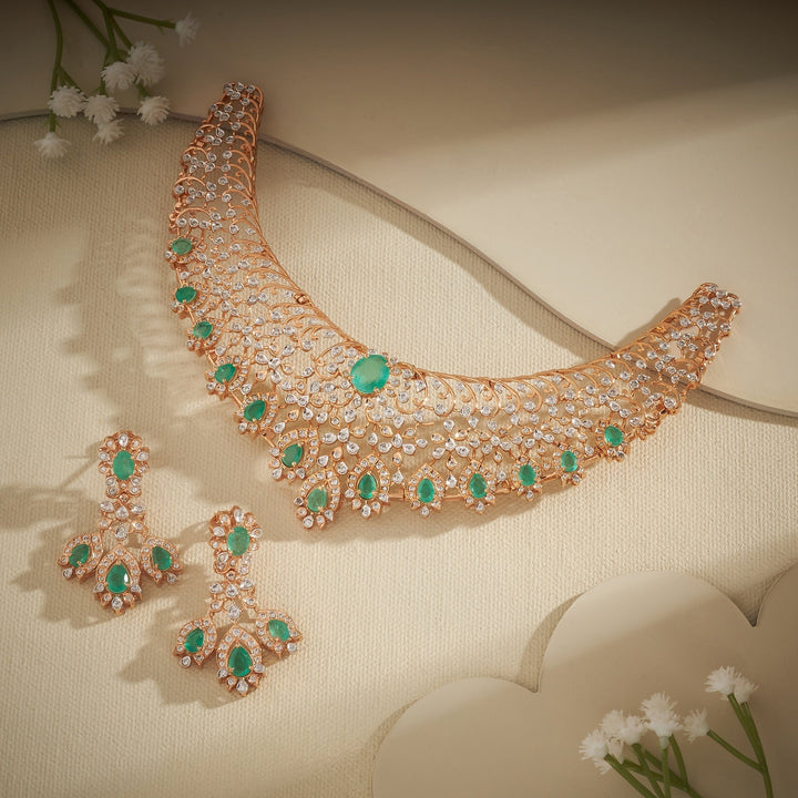 92.5 Silver, 24kt Gold Polish Garden Petal Stone Necklace Set | SHOBITAM