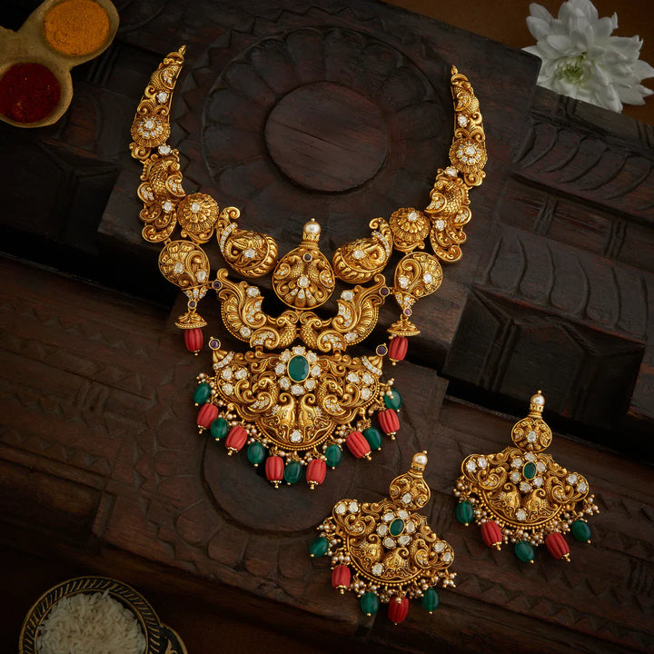 Pure 92.5 Silver, Gold Plated Peacock Gajendra Necklace Set