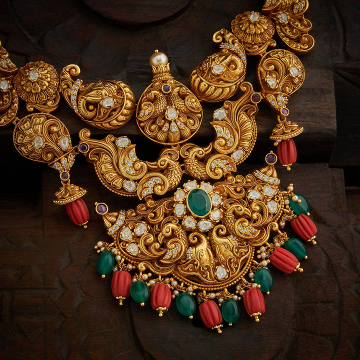 92.5 Silver, 24kt Gold Polish Peacock Gajendra Necklace Set | SHOBITAM