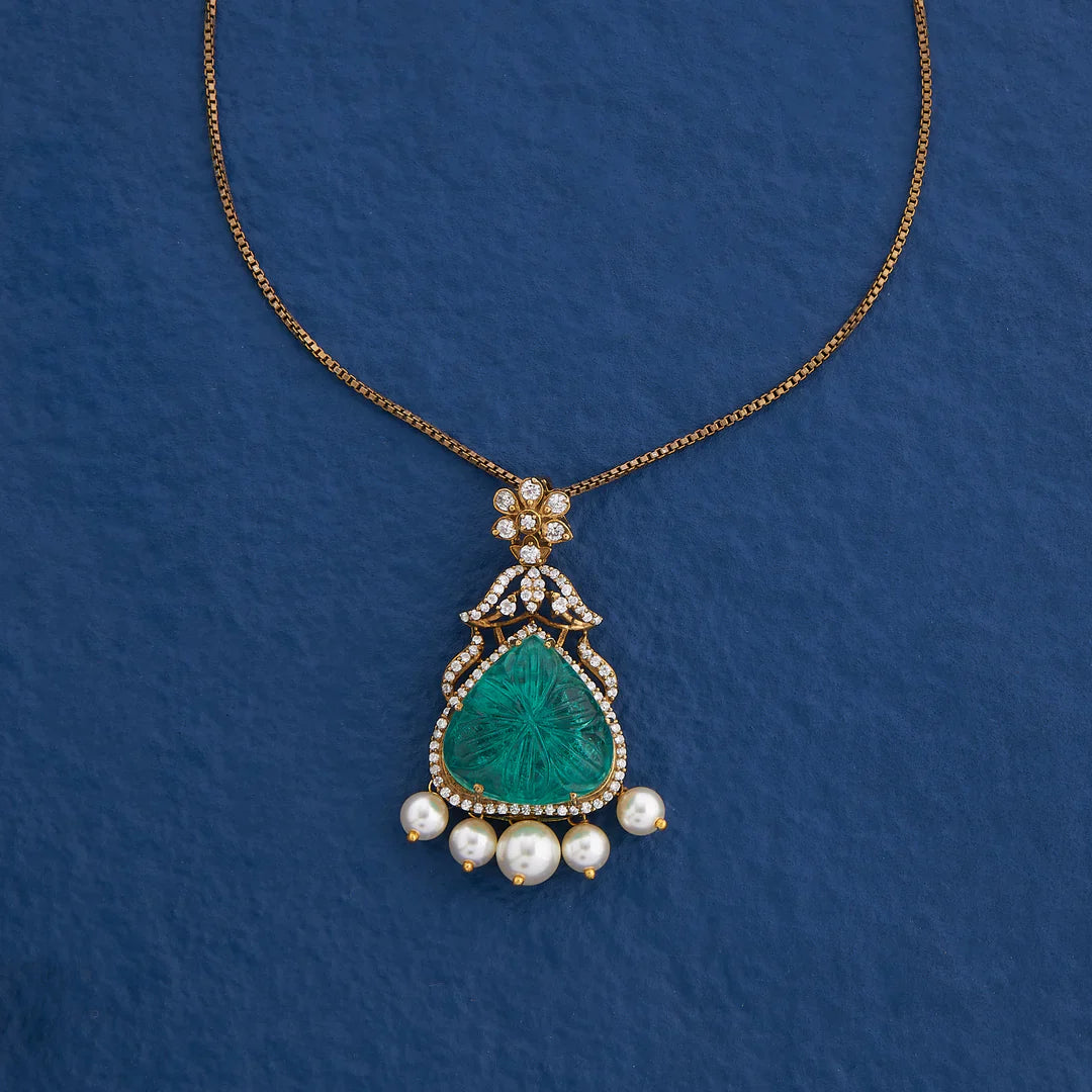 Pure 92.5 Silver, Gold Plated Chisel Green Chain Pendant Set