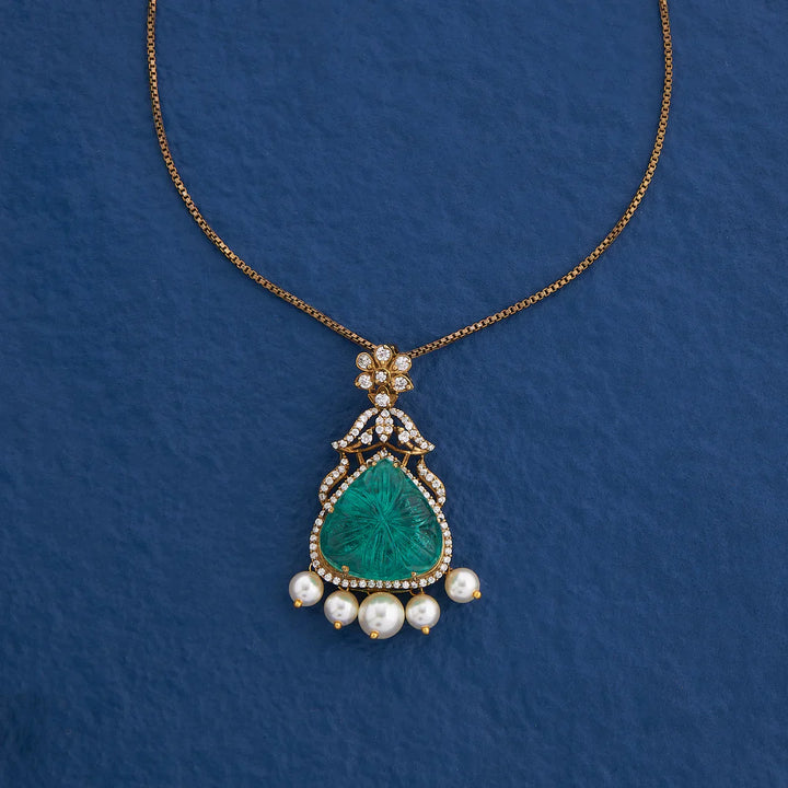 Pure 92.5 Silver, Gold Plated Chisel Green Chain Pendant Set