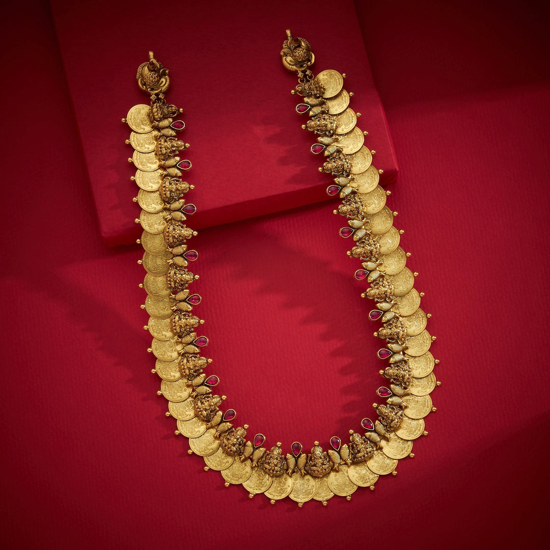 92.5 Silver, 24kt Gold Plated, Indira Kasu Temple Necklace | SHOBITAM