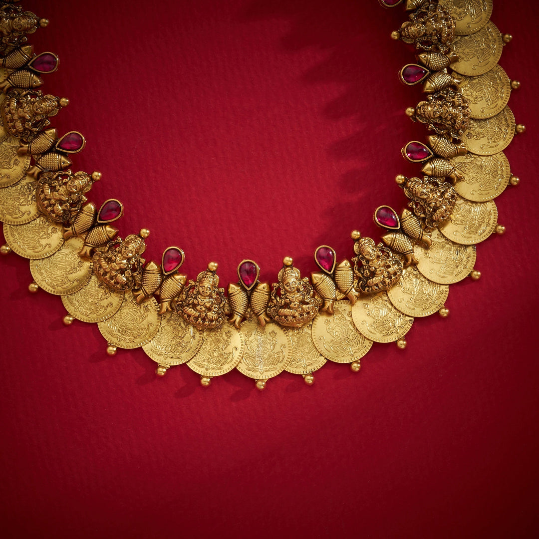 92.5 Silver, 24kt Gold Plated, Indira Kasu Temple Necklace | SHOBITAM