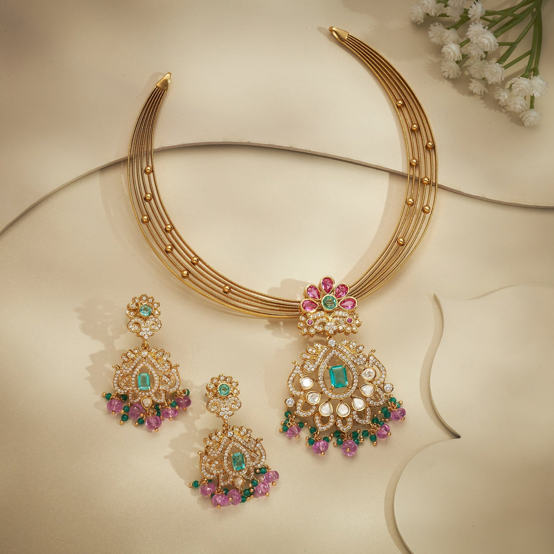 92.5 Silver, 24kt Gold Polish Fleurie Victorian Necklace Set | SHOBITAM