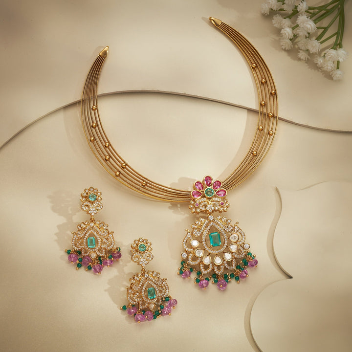 92.5 Silver, 24kt Gold Polish Fleurie Victorian Necklace Set | SHOBITAM