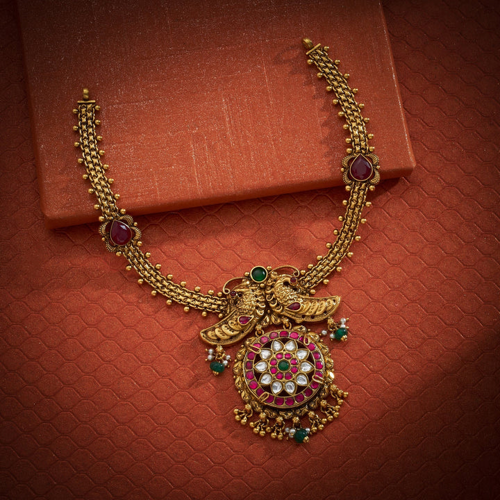 92.5 Silver, Gold Plated, Peacock Nakshi Necklace | SHOBITAM