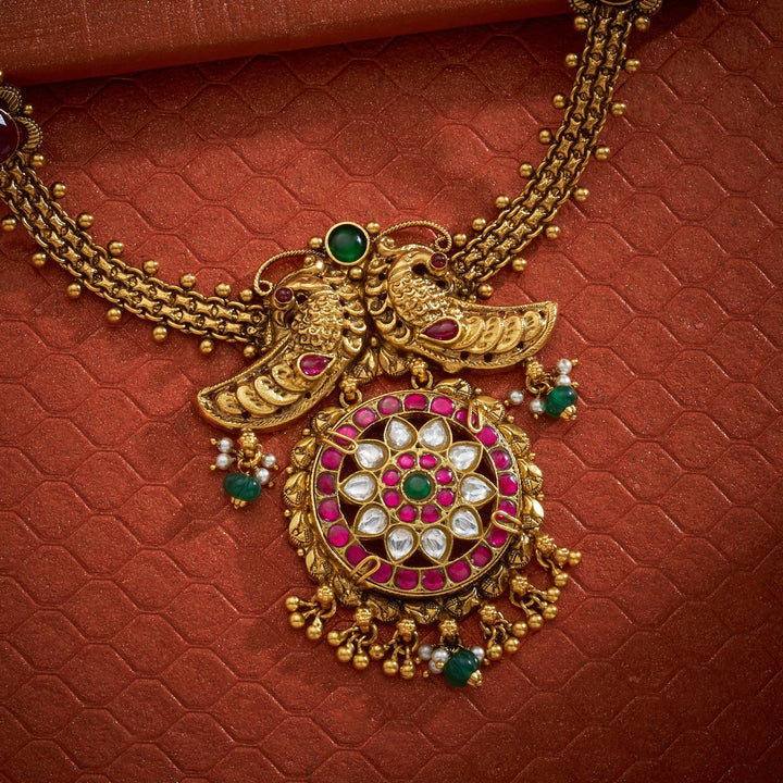 92.5 Silver, Gold Plated, Peacock Nakshi Necklace | SHOBITAM