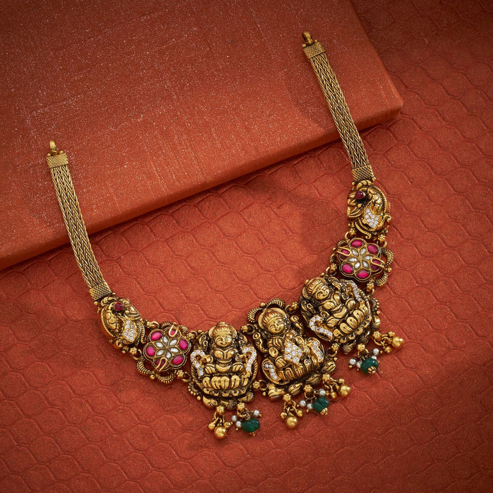 92.5 Silver, Gold Plated, Vishnupriya Temple Necklace | SHOBITAM
