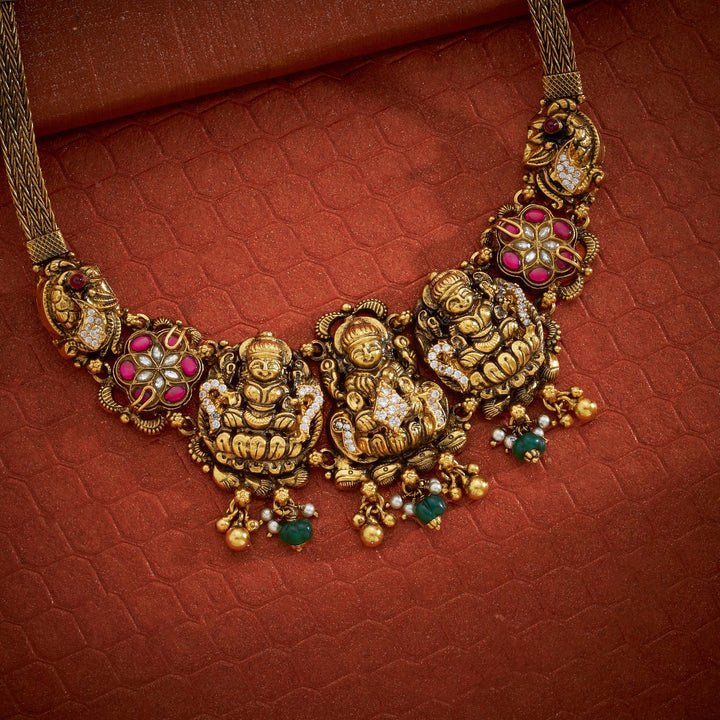 92.5 Silver, Gold Plated, Vishnupriya Temple Necklace | SHOBITAM