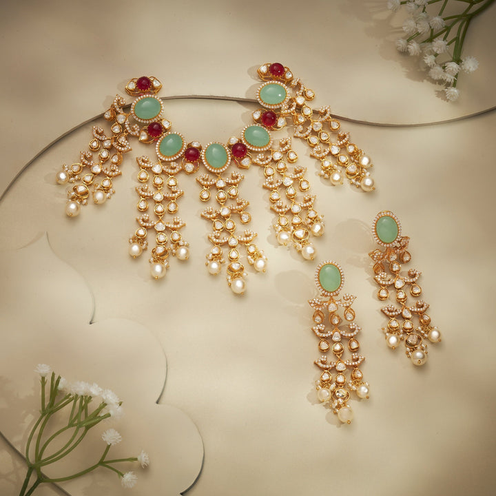 92.5 Silver, 24kt Gold Plated, Sea-Green Moissanite Choker Set | SHOBITAM