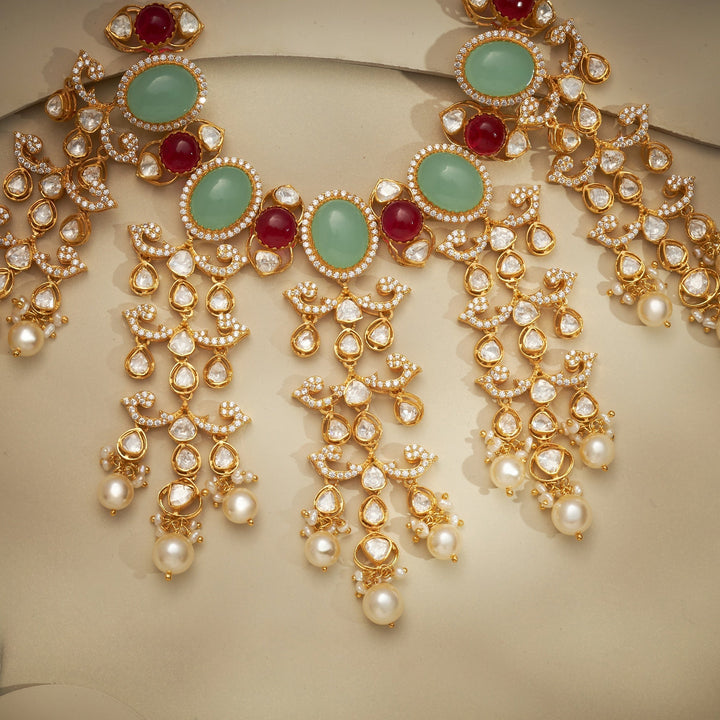 92.5 Silver, 24kt Gold Plated, Sea-Green Moissanite Choker Set | SHOBITAM