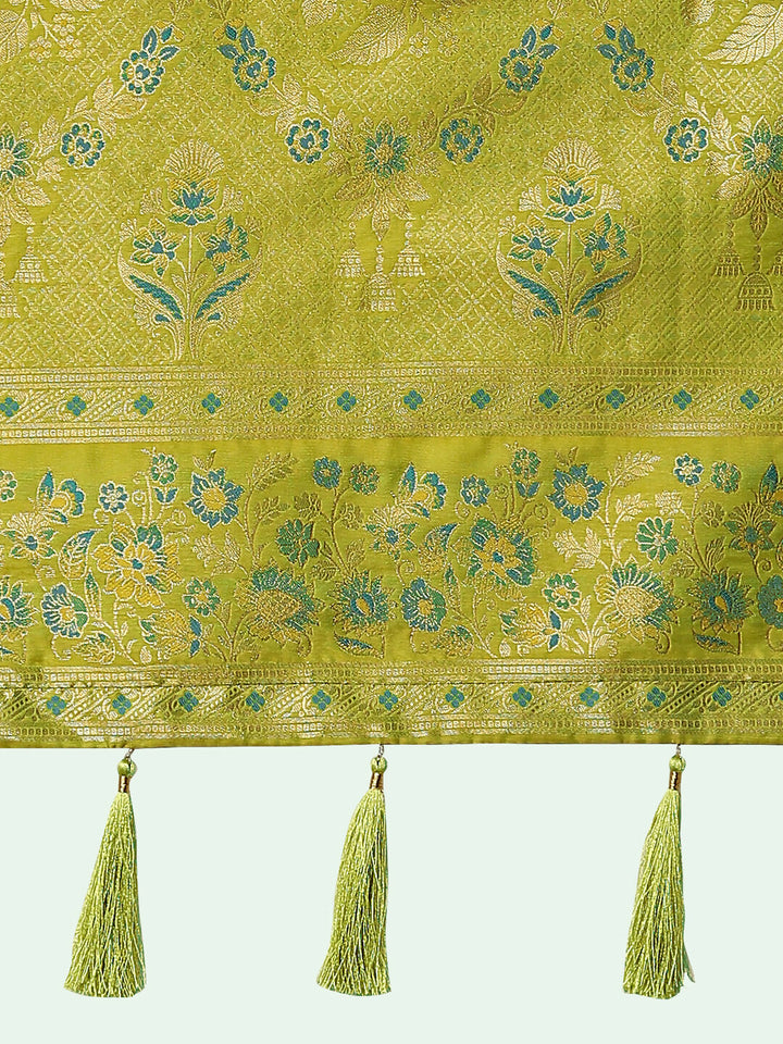 Pear Semi Banarasi Satin silk Saree With Zari Border And Butti Work | SHOBITAM