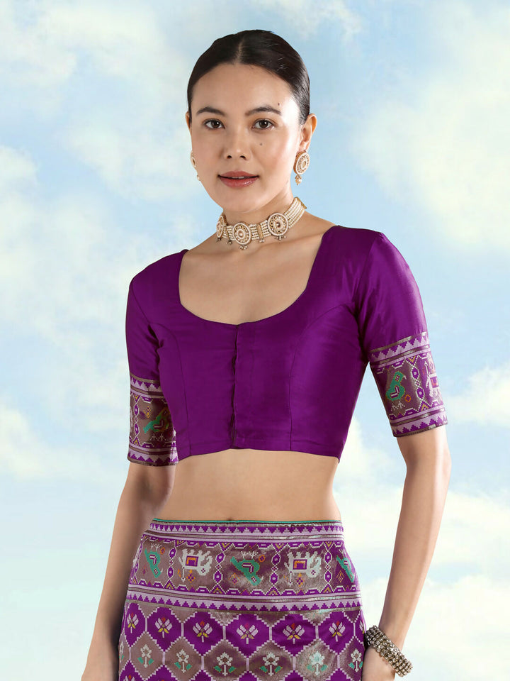 Purple Semi Banarasi Satin Silk Saree With Patola Work | SHOBITAM