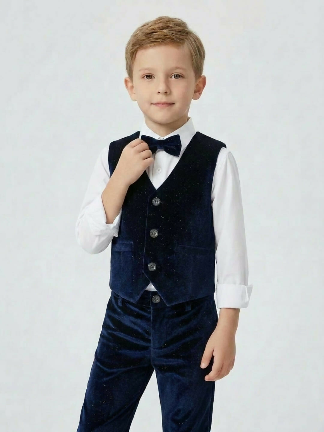 Boys Formal Blue Waistcoat Suit Set with Shirt, Trousers and Bow Tie | SHOBITAM