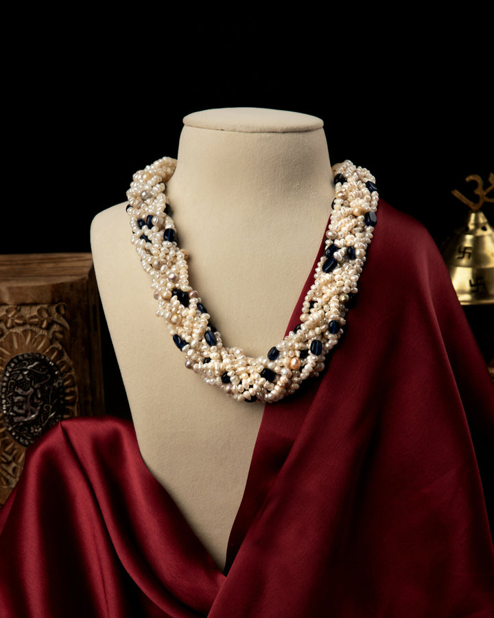 Noor-e-Raat: Pearl & Tanzanite Braided Mala  | SHOBITAM