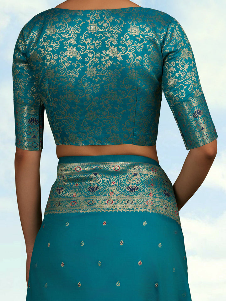 Cyan Banarasi Silk Blend Saree | SHOBITAM