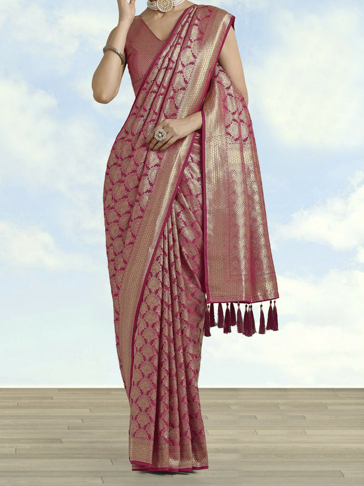 Dark Pink Banarasi Satin Silk Zari Weaving Work Saree | SHOBITAM