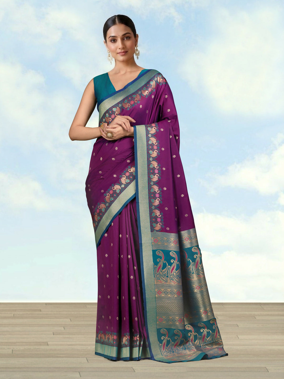Dark Purple Banarasi Silk Blend Saree | SHOBITAM