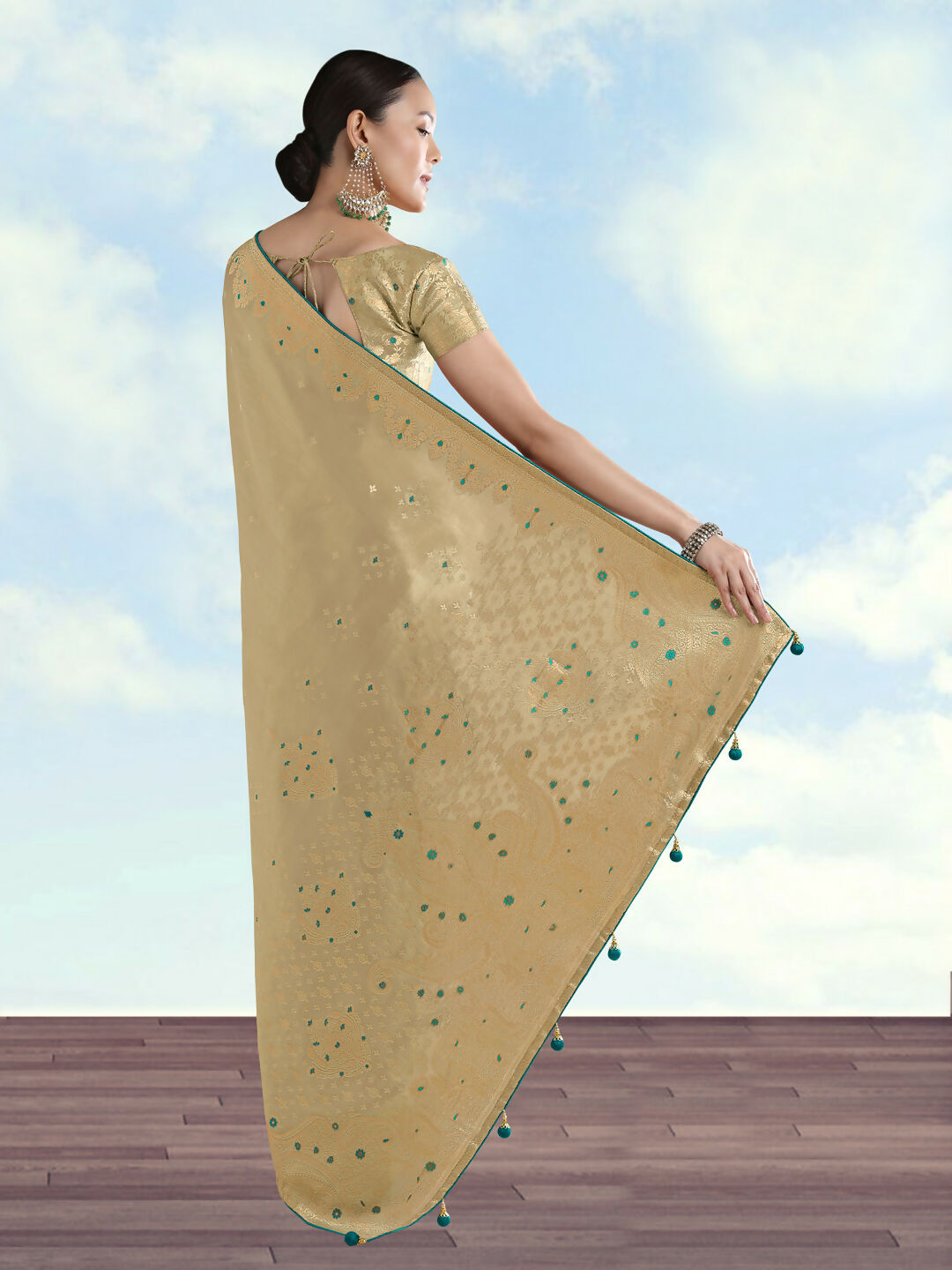 Cream Color Paisley Zari Woven Semi Banarasi Tissue Silk Saree  | SHOBITAM
