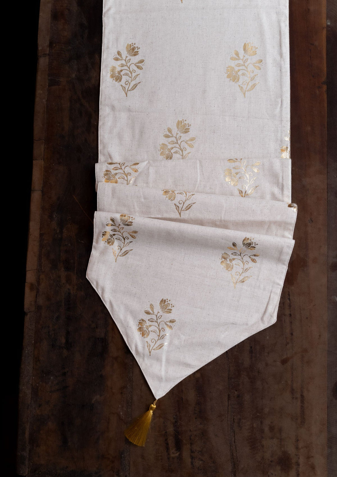 Roha Linen Cotton Gold printed Beige Table Runner | SHOBITAM