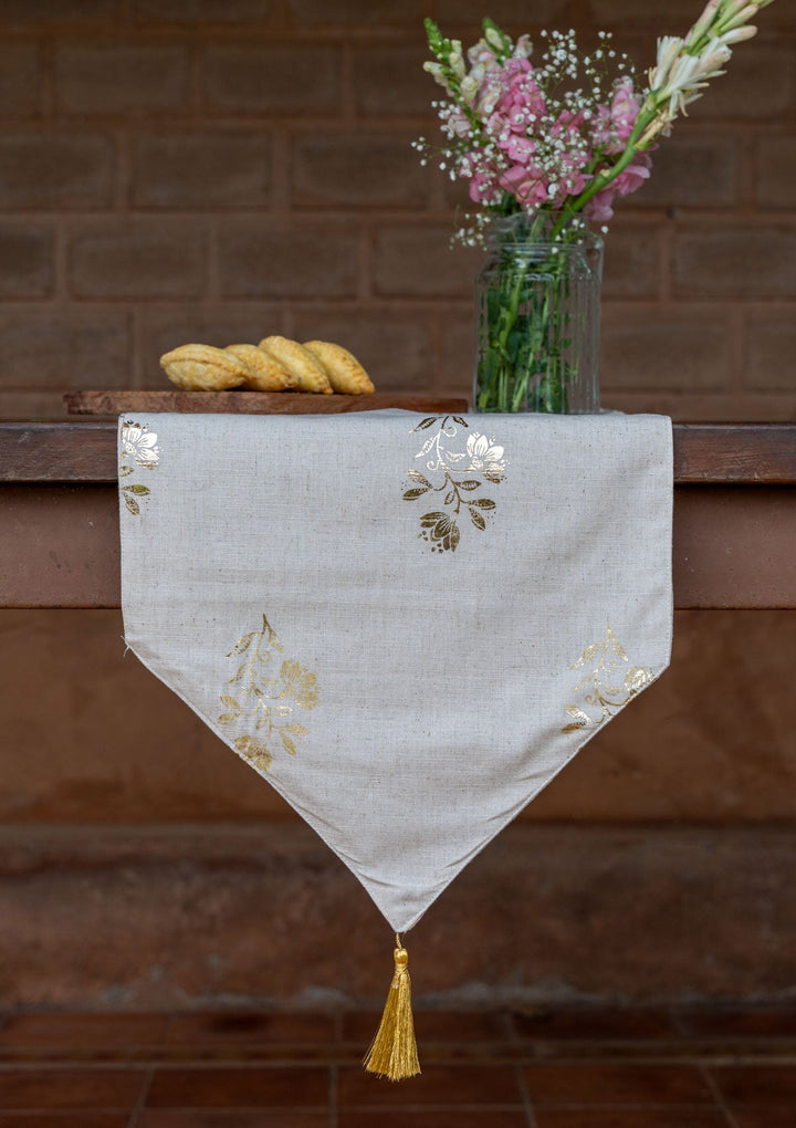 Roha Linen Cotton Gold printed Beige Table Runner | SHOBITAM