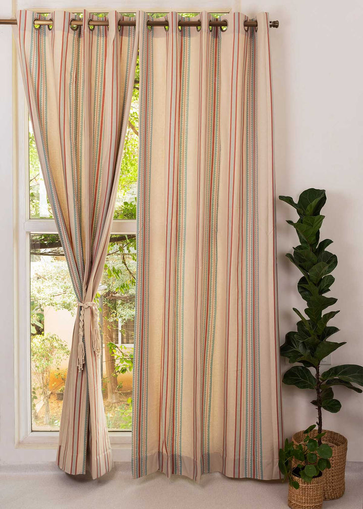 Roman Stripes 100% cotton geometric curtain for bed room - Room darkening - Multicolor - Single Piece  | SHOBITAM