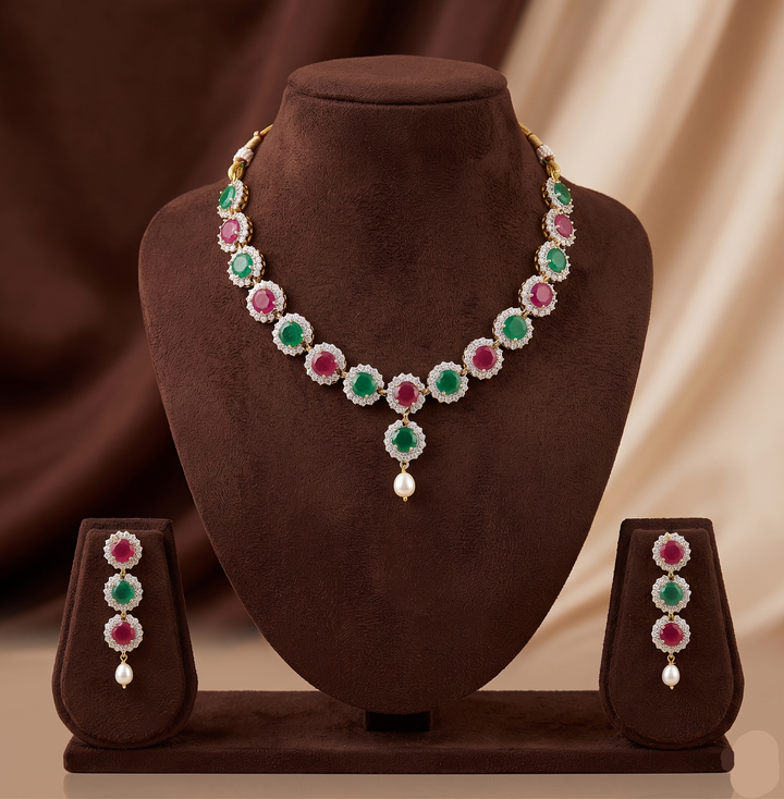 Royal Bloom Multicolour CZ Necklace Set | SHOBITAM