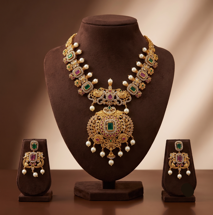 Royal CZ Peacock Medallion Necklace Set | SHOBITAM
