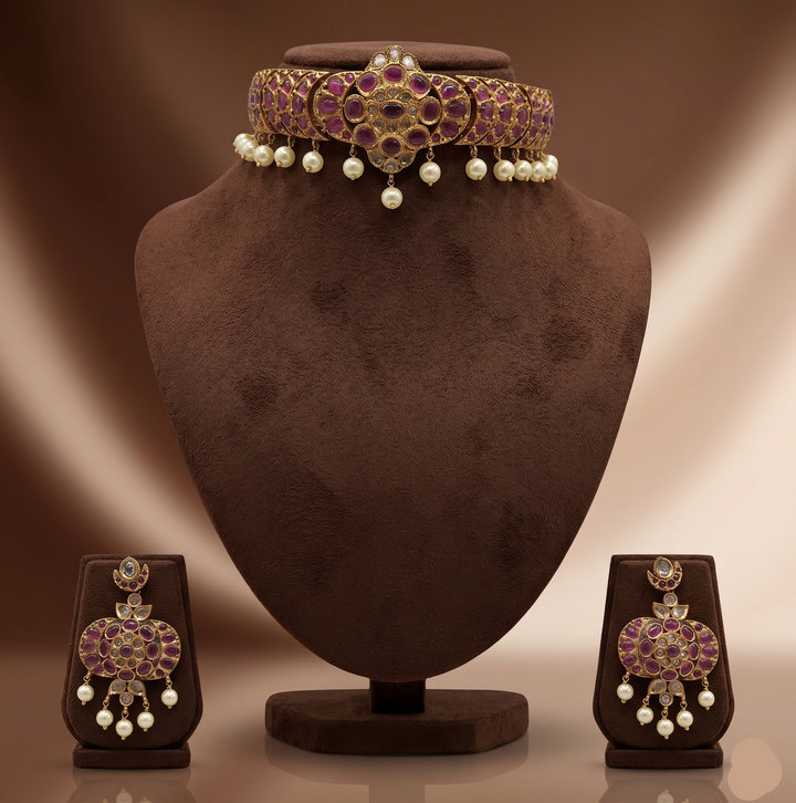 Royal Crimson Red Choker Necklace Set | SHOBITAM