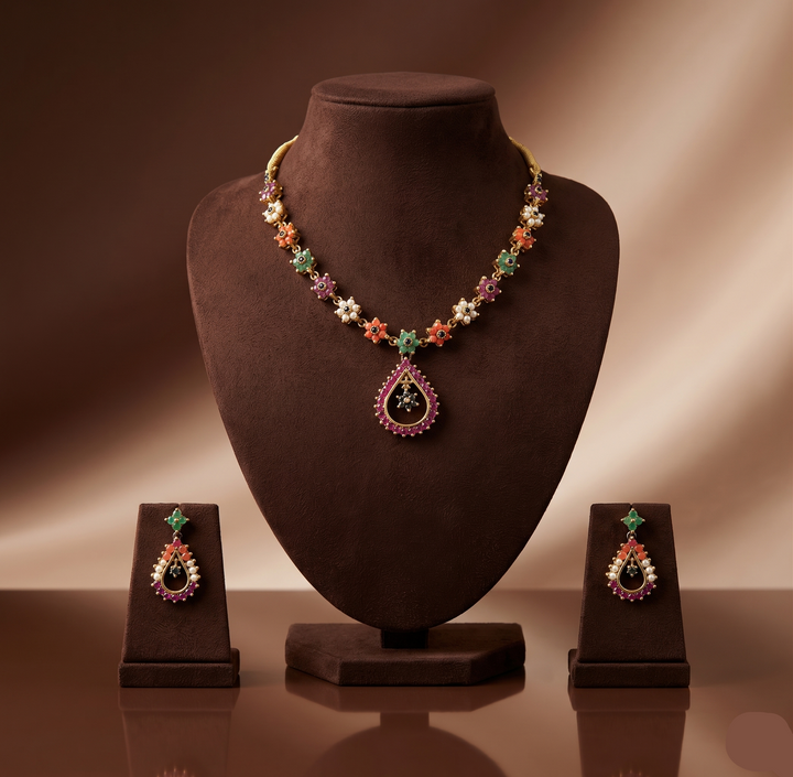 Royal Navratna CZ Necklace Set | SHOBITAM