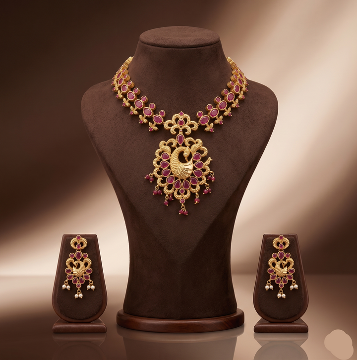 Royal Red CZ Peacock Necklace Set | SHOBITAM
