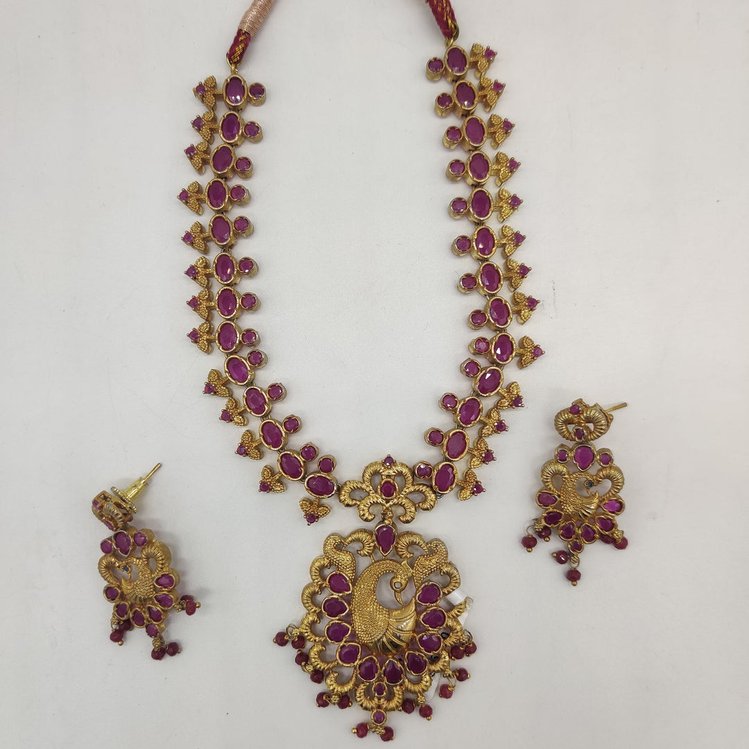 Royal Red CZ Peacock Necklace Set | SHOBITAM