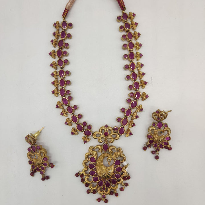 Royal Red CZ Peacock Necklace Set | SHOBITAM