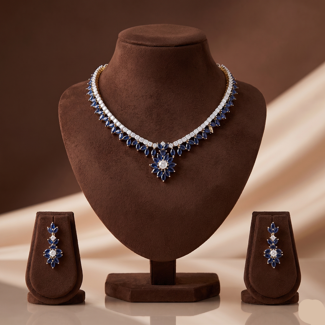 Royal White Blue CZ Floral Necklace Set | SHOBITAM