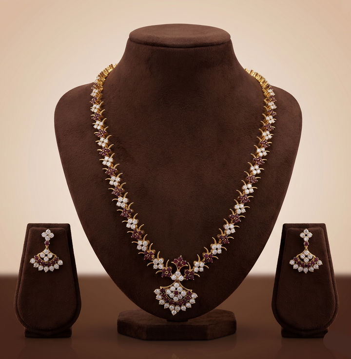 Royal White Brown CZ Long Necklace Set | SHOBITAM