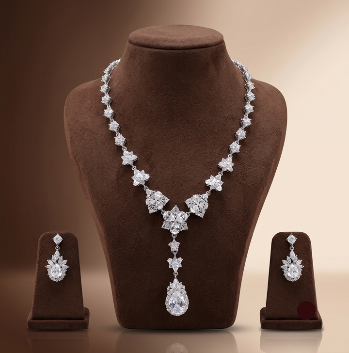 Royal White CZ Y-Drop Bridal Necklace Set | SHOBITAM