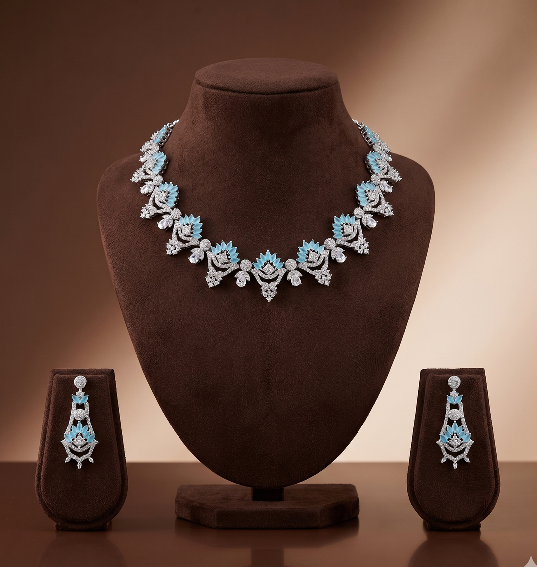Royal White Sky Blue CZ Statement Necklace Set | SHOBITAM